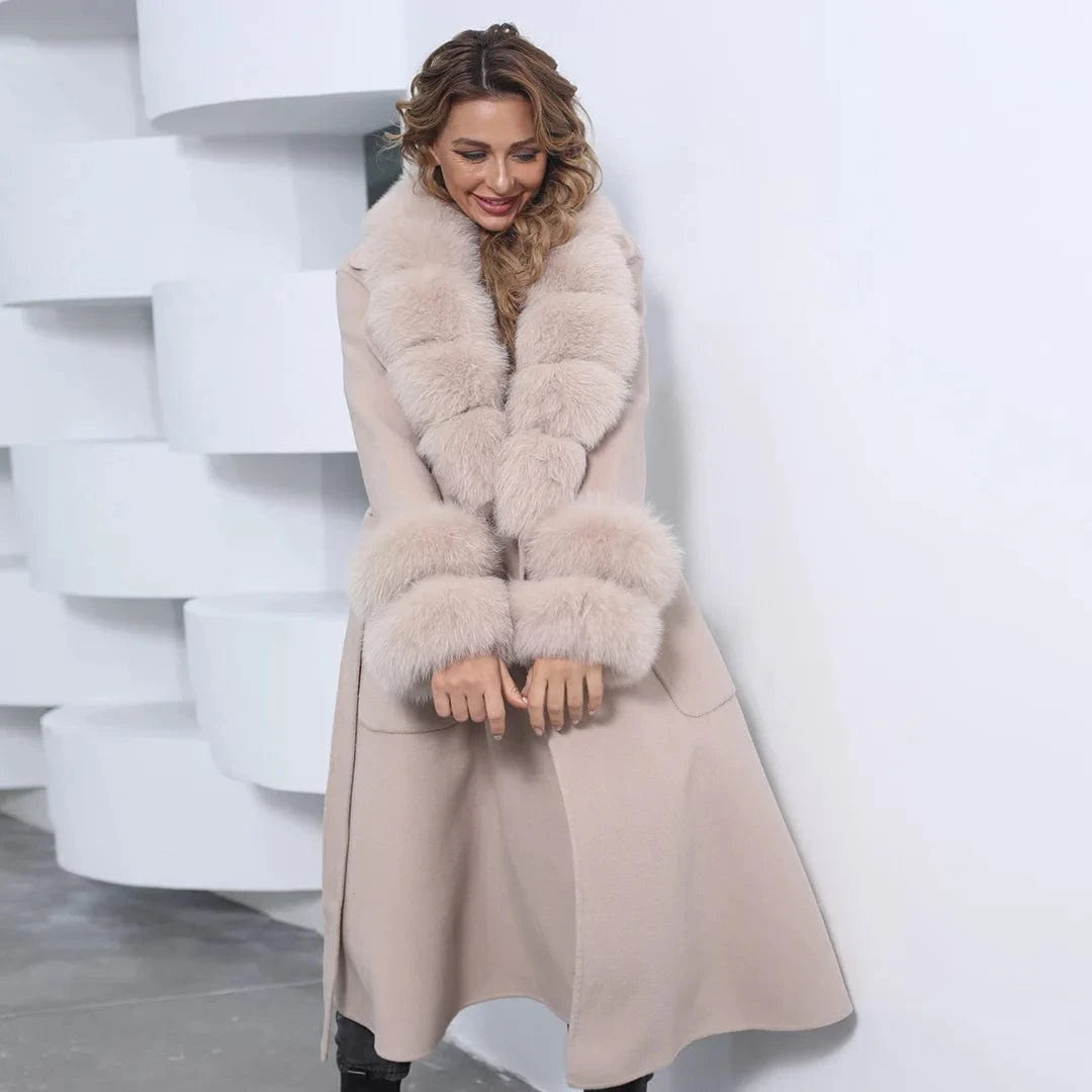 Top Quality Long Cashmere Wool Coat With Fur Collar