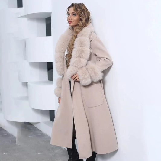 Top Quality Long Cashmere Wool Coat With Fur Collar