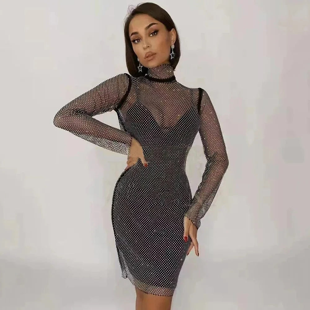 Top Quality Long Sleeve Hand Beading Celebrity Evening Party Bodycon Party Dress