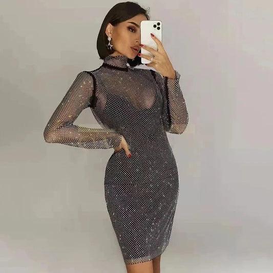 Top Quality Long Sleeve Hand Beading Celebrity Evening Party Bodycon Party Dress