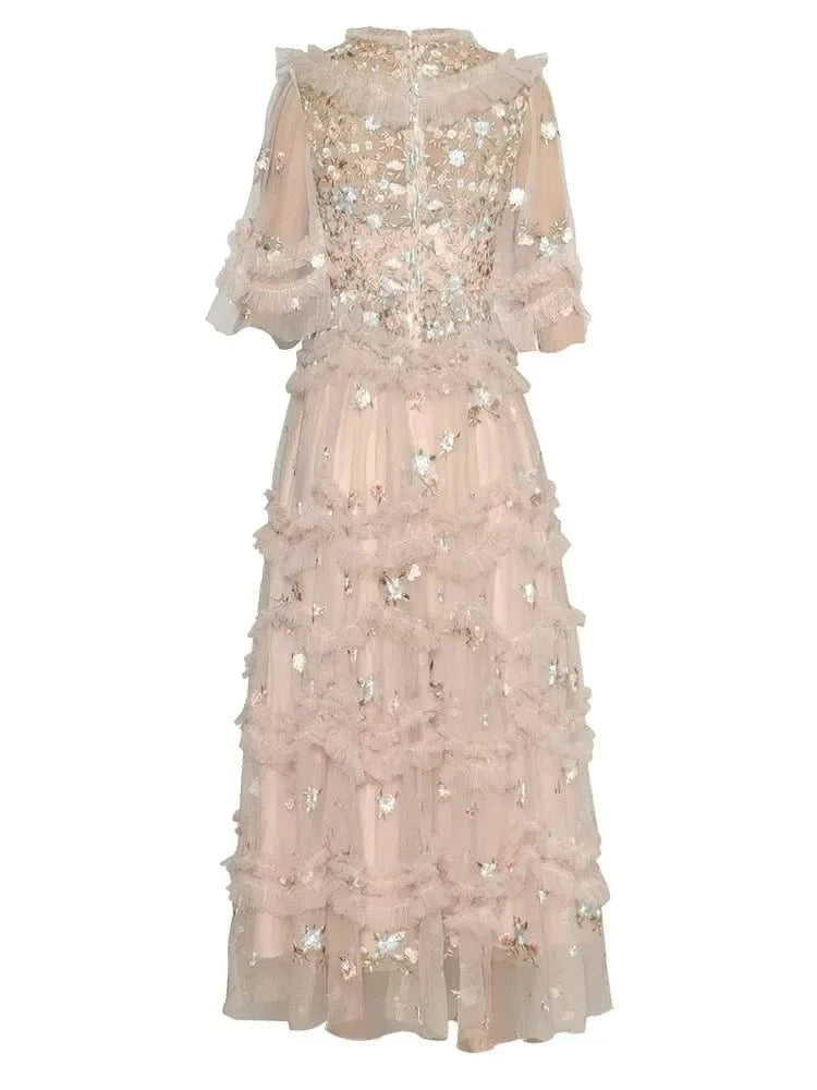 Top Quality New 2024 Spring Summer Wedding Party Lady Luxurious Embroidery Ruffle Floral Apricot Red Long Tulle Mesh Dress Maxi