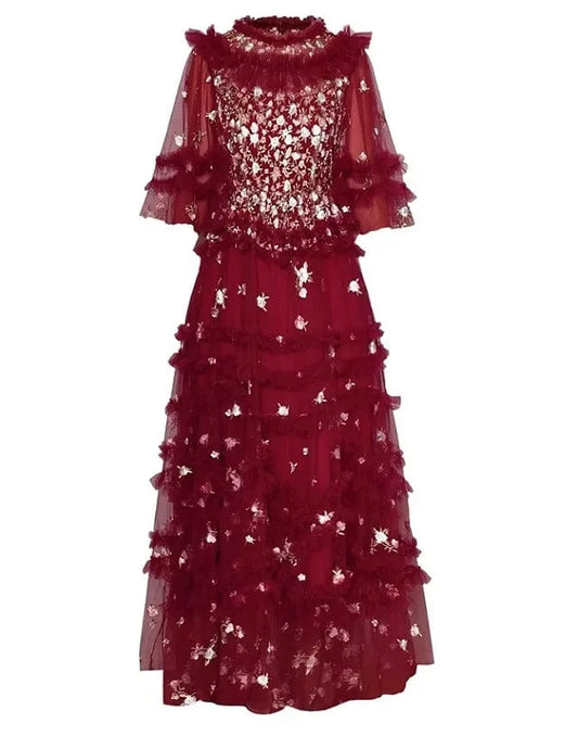 Top Quality New 2024 Spring Summer Wedding Party Lady Luxurious Embroidery Ruffle Floral Apricot Red Long Tulle Mesh Dress Maxi