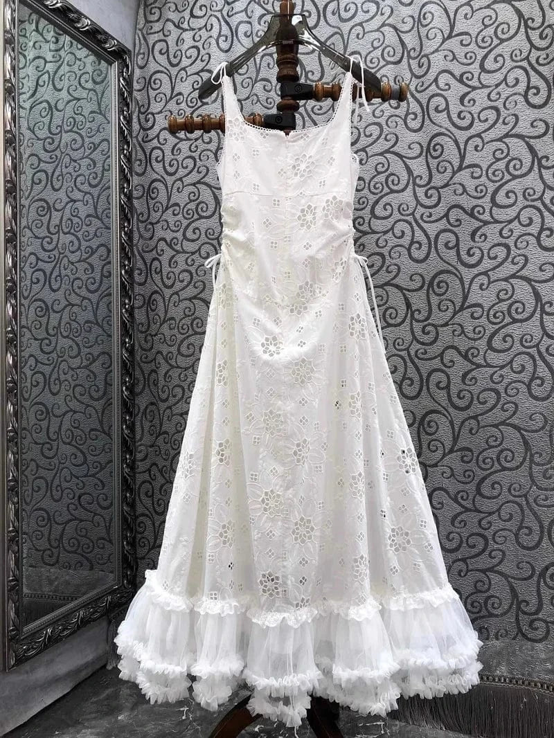 Top Quality New Long Dress 2024 Spring Summer Fashion White Dress Women Sexy Tulle Lace Patchwork Elegant Long Party Maxi Dress