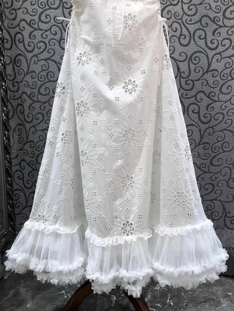 Top Quality New Long Dress 2024 Spring Summer Fashion White Dress Women Sexy Tulle Lace Patchwork Elegant Long Party Maxi Dress
