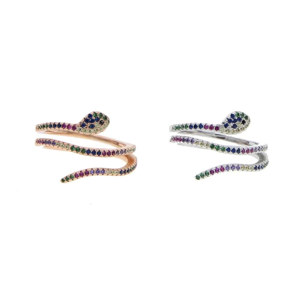Top Quality Open Size 7 Rainbow Colorful Cubic Zirconia Multi Wrap Women Cute Full Finger Snake Shaped Ring Fashion Jewelry