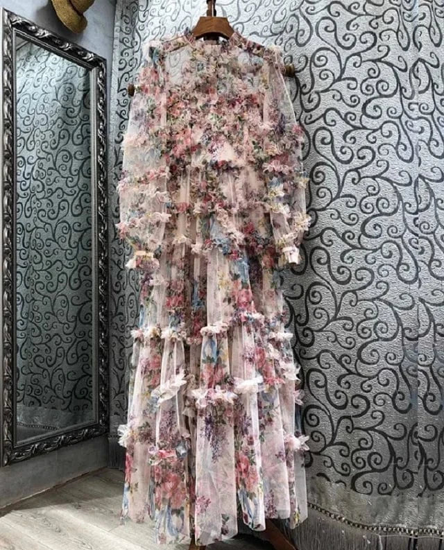 Top Quality Women's Long Dress 2024 Spring Wedding Party Ladies Charming Floral Print Long Sleeve Maxi Dress Gown Vestido