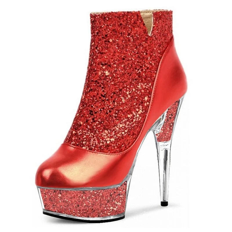 Transparent crystal bottom thin heel 15 cm thin heel gold 6 inch platform Sequin high heels sexy women's large short boots