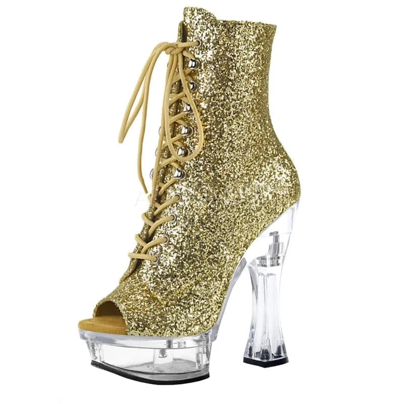 Transparent crystal thick heel 14cm shiny pink black lace up high heels fashion short boots bare boots