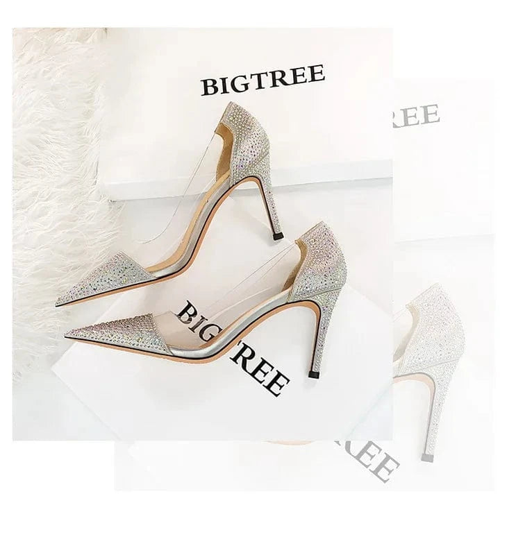 Transparent high heel women's stiletto pointed wedding shoes rhinestone glass glue shoes Sexy