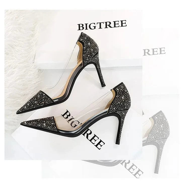 Transparent high heel women's stiletto pointed wedding shoes rhinestone glass glue shoes Sexy