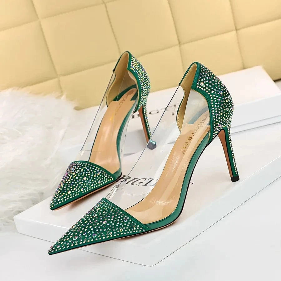 Transparent high heel women's stiletto pointed wedding shoes rhinestone glass glue shoes Sexy