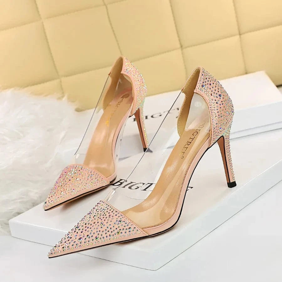 Transparent high heel women's stiletto pointed wedding shoes rhinestone glass glue shoes Sexy