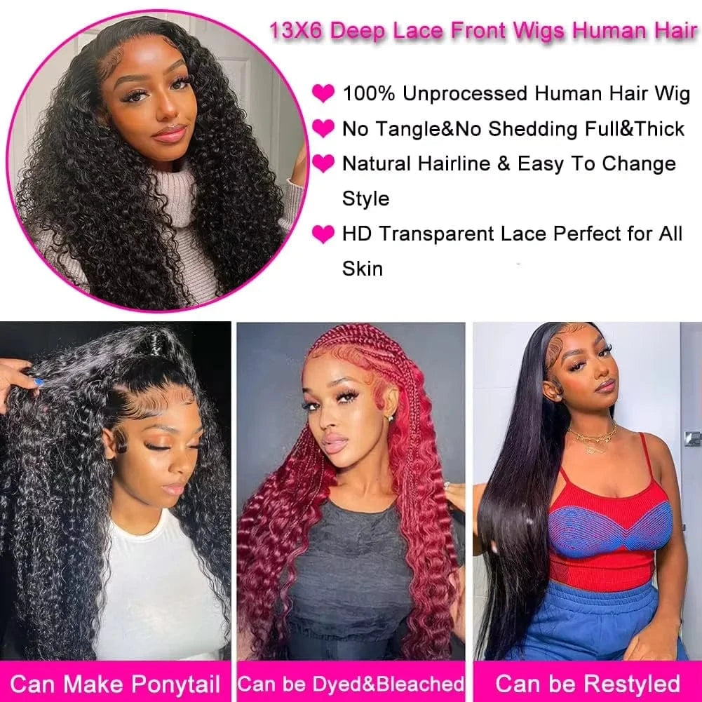 Transparent Lace Front Human Hair Deep Wigs 40 46 inches 13x4 13x6 HD PrePlucked Brazilian Deep Wave Lace Frontal Wig for women