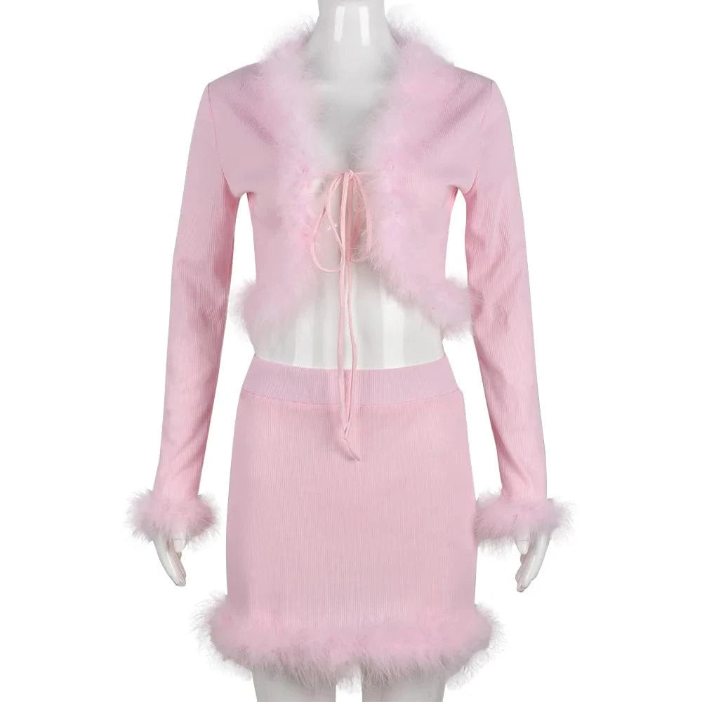 Trending 2024 Fall Clothing Feather Suits Casual Solid Crop Top Up Dress Set Sexy Long Sleeve Women 2 Piece Skirt Set