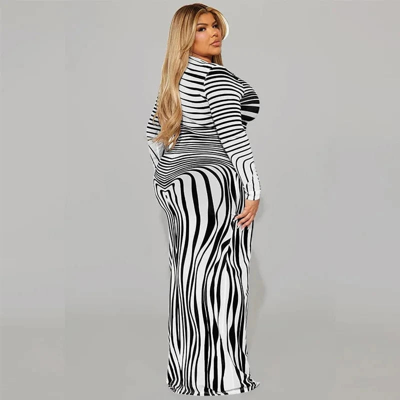 trending products 2024 new arrivals plus size women's clothing Irregular striped pattern long sleeve maxi dress