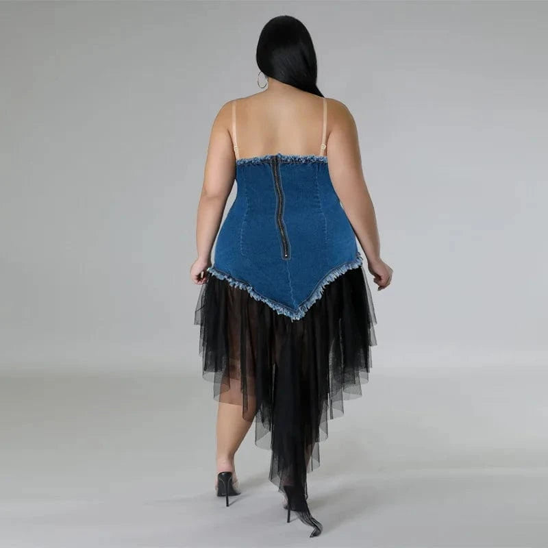 trending products 2024 new arrivals plus size women's halter neck women's patchwork mesh denim dress