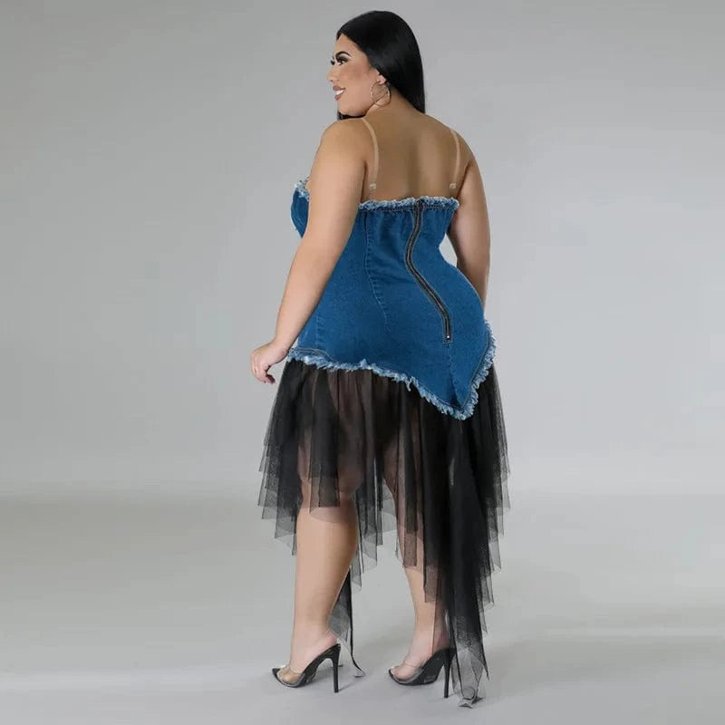 trending products 2024 new arrivals plus size women's halter neck women's patchwork mesh denim dress