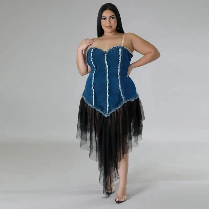 trending products 2024 new arrivals plus size women's halter neck women's patchwork mesh denim dress