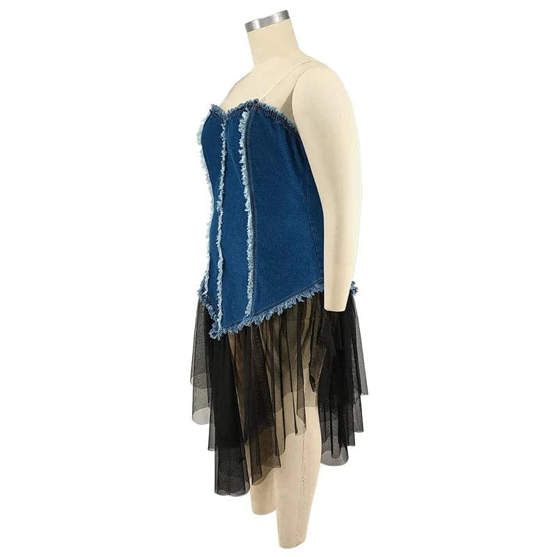 trending products 2024 new arrivals plus size women's halter neck women's patchwork mesh denim dress
