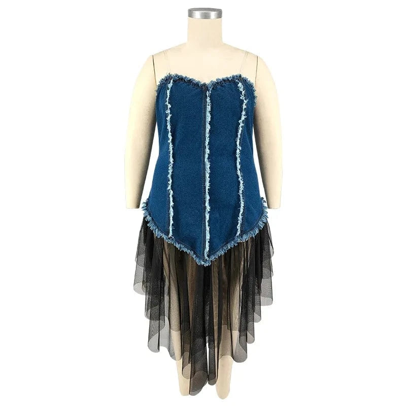 trending products 2024 new arrivals plus size women's halter neck women's patchwork mesh denim dress