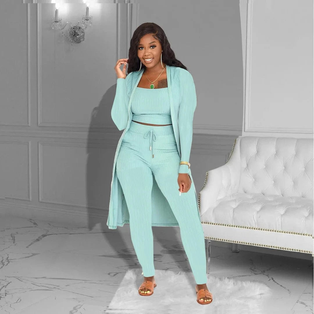 Trending products 2024 new arrivals Women's Sets Spring Summer Solid Color Long Cardigan knit 3 piece set women