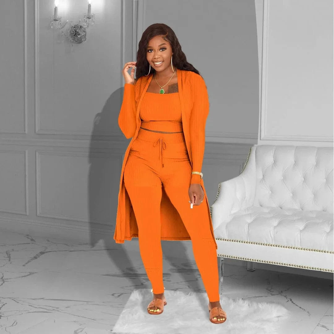 Trending products 2024 new arrivals Women's Sets Spring Summer Solid Color Long Cardigan knit 3 piece set women