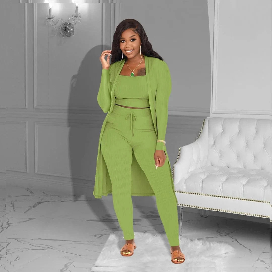 Trending products 2024 new arrivals Women's Sets Spring Summer Solid Color Long Cardigan knit 3 piece set women