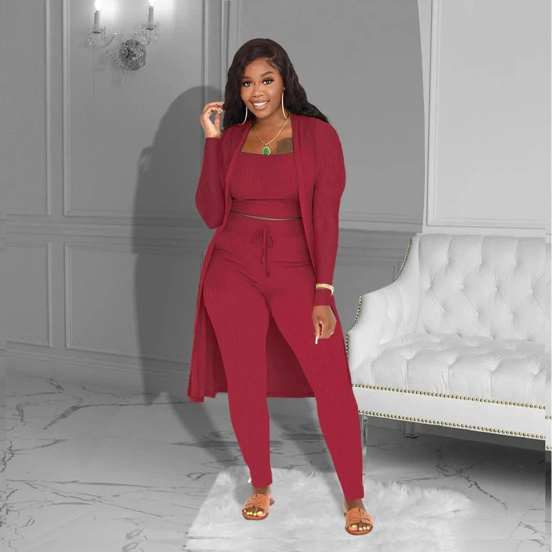 Trending products 2024 new arrivals Women's Sets Spring Summer Solid Color Long Cardigan knit 3 piece set women