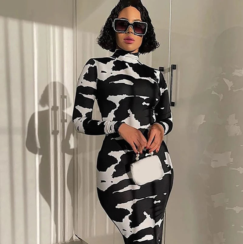 Trending Women Clothing 2024 Autumn Winter Sexy Printed Long Sleeve Bodycon Maxi Dress