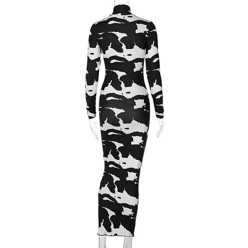 Trending Women Clothing 2024 Autumn Winter Sexy Printed Long Sleeve Bodycon Maxi Dress