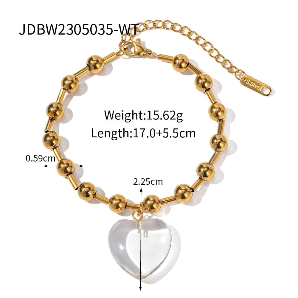 Trendy / 16cm / BR982 BR982 Waterproof Heart Charm Bracelet Gift Stainless Steel Round Bead Chain Transparent Clear Pink Heart Bracelet