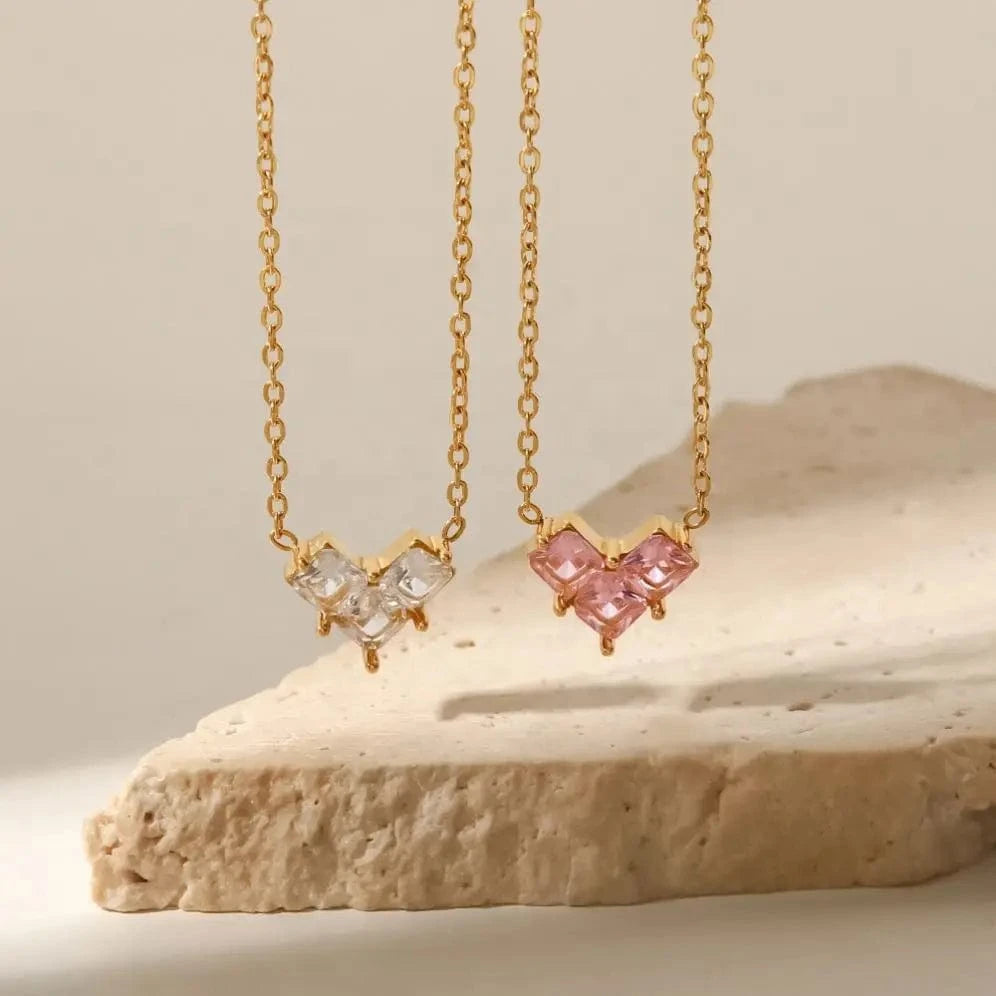 TRENDY / 16inches / N2361 N2361 Ins French Style Clear Cubic Zirconia Dainty Heart 18K PVD Gold Plated Stainless Steel Pendant Necklace