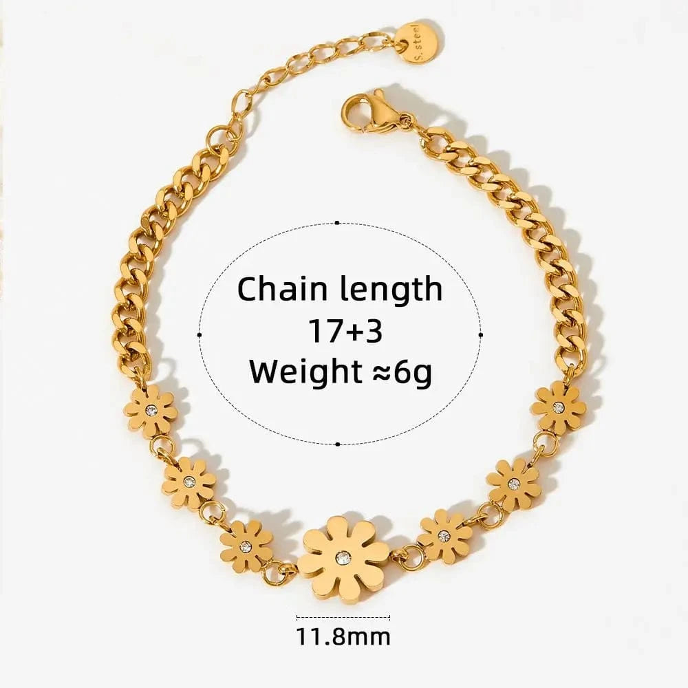 TRENDY / 17+3cm / Gold 18k Gold Plated Stainless Steel Bracelet Waterproof Jewelry Hip Hop Daisy Flower Chain Bracelet