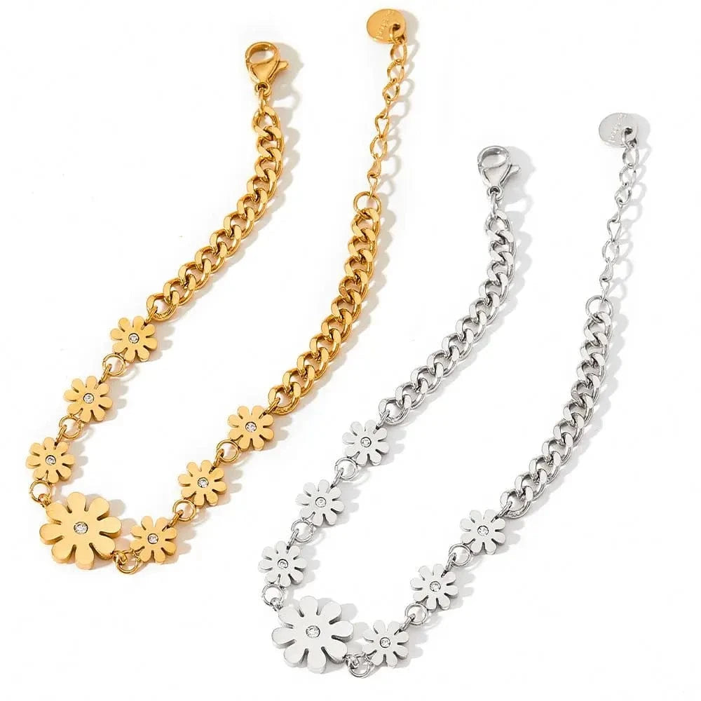 TRENDY / 17+3cm / Gold 18k Gold Plated Stainless Steel Bracelet Waterproof Jewelry Hip Hop Daisy Flower Chain Bracelet