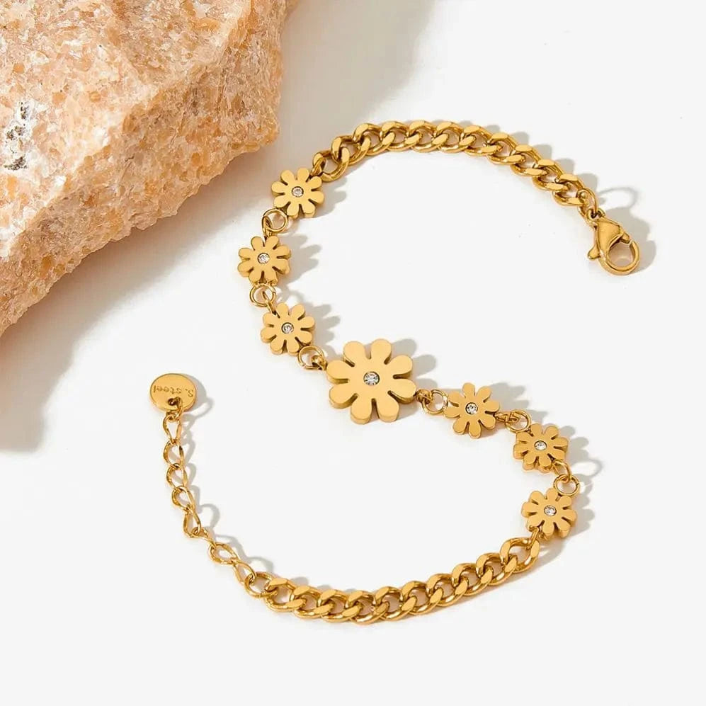 TRENDY / 17+3cm / Gold 18k Gold Plated Stainless Steel Bracelet Waterproof Jewelry Hip Hop Daisy Flower Chain Bracelet