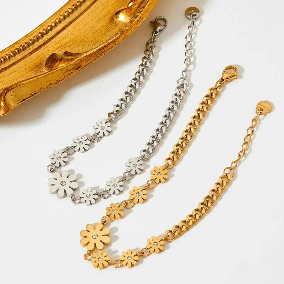 TRENDY / 17+3cm / Gold 18k Gold Plated Stainless Steel Bracelet Waterproof Jewelry Hip Hop Daisy Flower Chain Bracelet