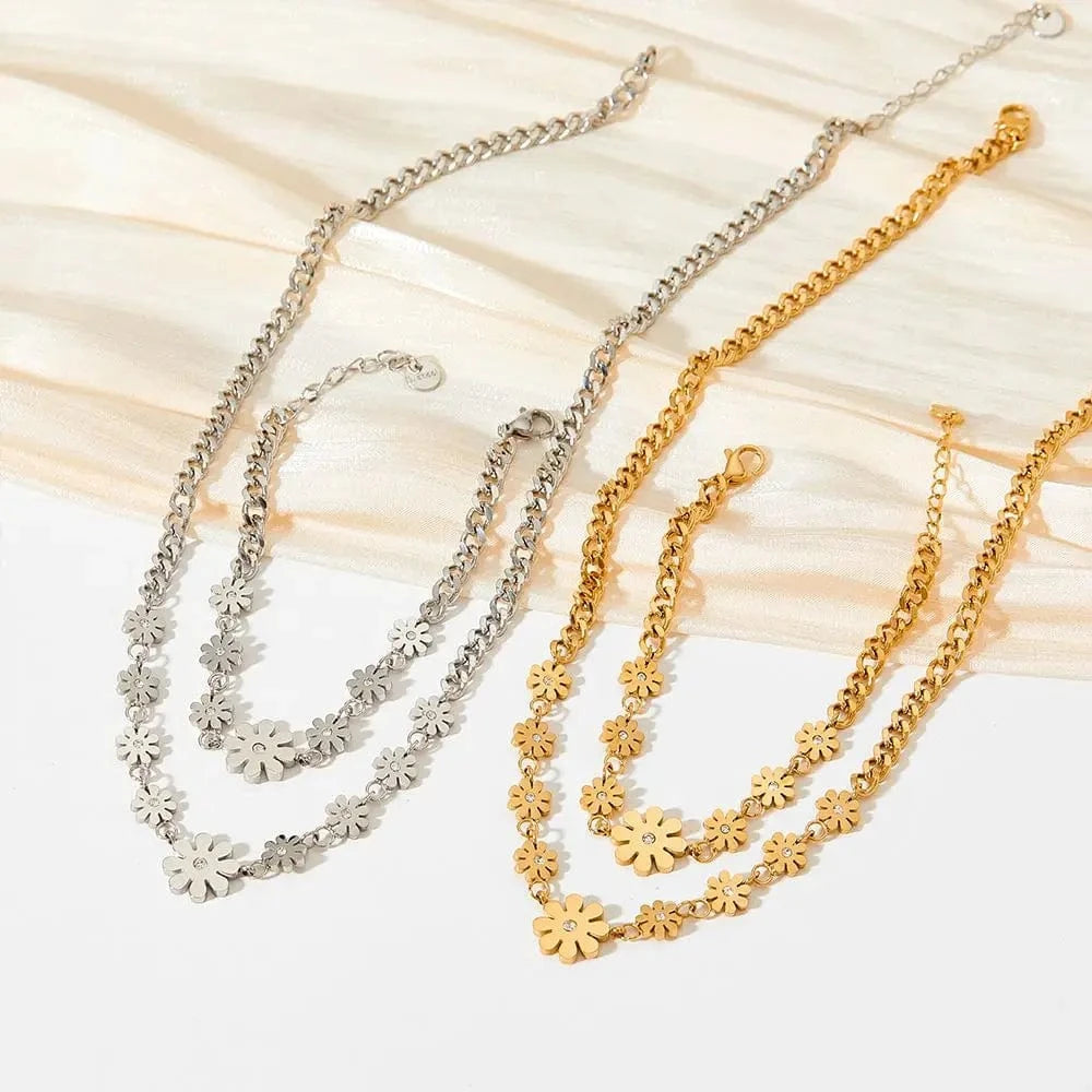 TRENDY / 17+3cm / Gold 18k Gold Plated Stainless Steel Bracelet Waterproof Jewelry Hip Hop Daisy Flower Chain Bracelet