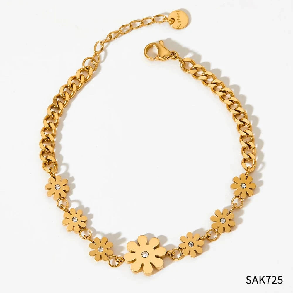 TRENDY / 17+3cm / Gold 18k Gold Plated Stainless Steel Bracelet Waterproof Jewelry Hip Hop Daisy Flower Chain Bracelet