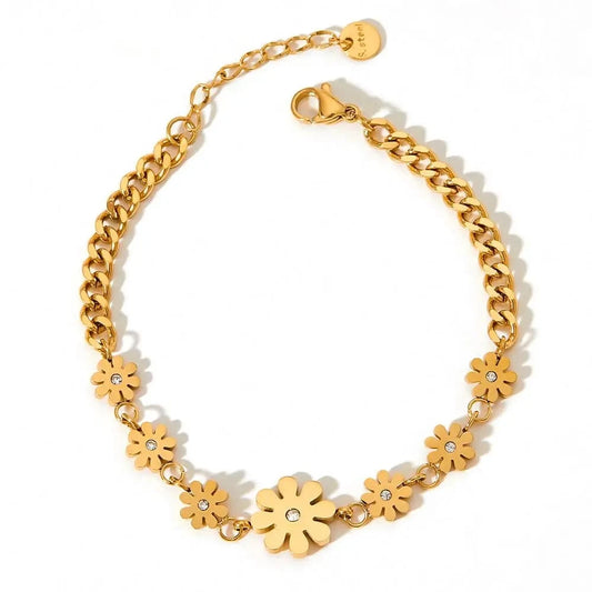 TRENDY / 17+3cm / Gold 18k Gold Plated Stainless Steel Bracelet Waterproof Jewelry Hip Hop Daisy Flower Chain Bracelet