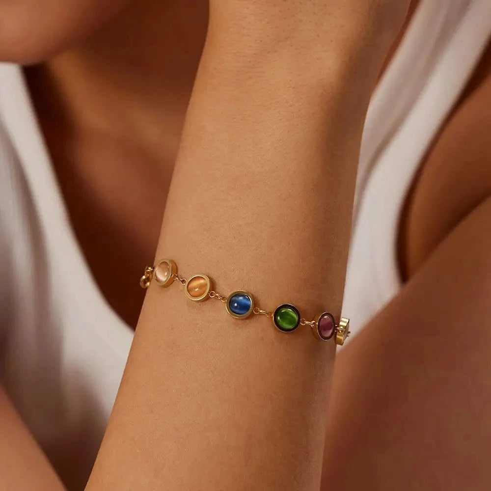 Trendy / 17cm / BR994 BR994 18k Gold Plated Stainless Steel Fashion Jewelry Waterproof Round  Cateye  Beads Bracelets for Women