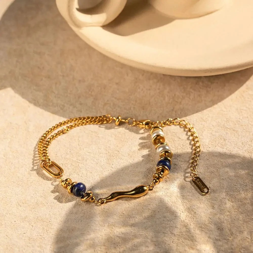TRENDY / 21.5cm / BR972 BR972 Natural Lapis Stone Bracelet 18K PVD Gold Plated Stainless Steel Aesthetic Pearl Beads Bracelet Jewelry For Women