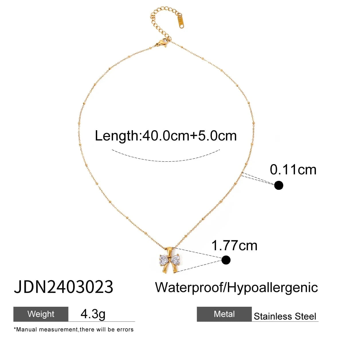 TRENDY / 40.5+5.5cm / N2144 N2144 18K Gold Plated Stainless Steel Bow Knot White Cubic Zirconia Pendant Necklace, 40+5cm