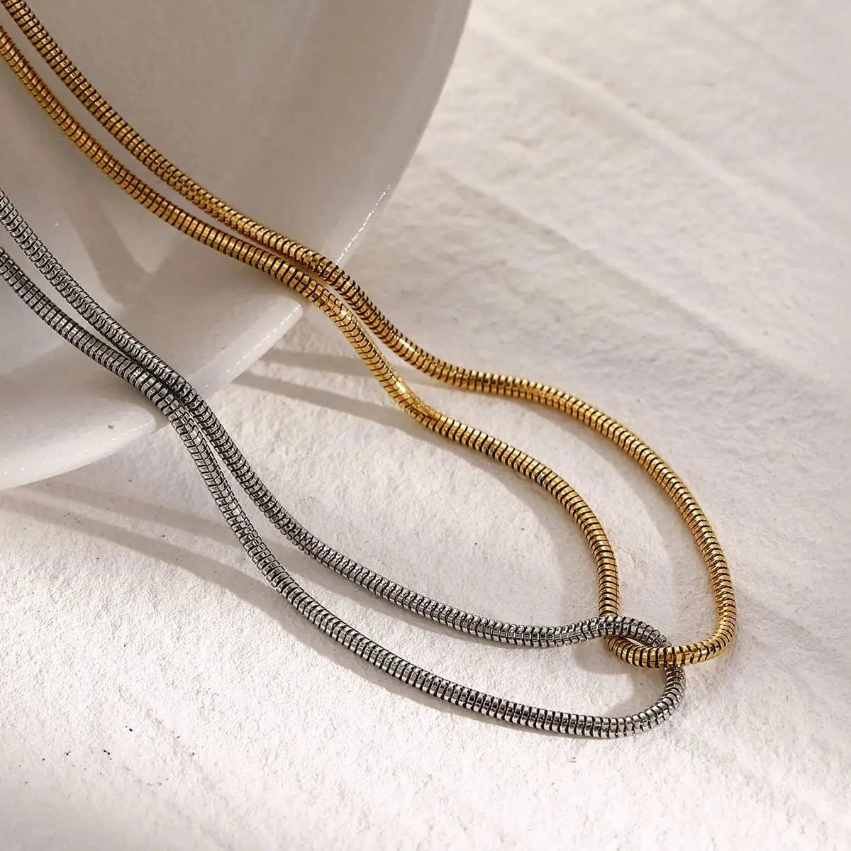 TRENDY / 40cm / N2145 N2145 18K Gold Plated Stainless Steel Gold and Silver Color Block Flat Snake Bone Chain Necklace, 40+5cm