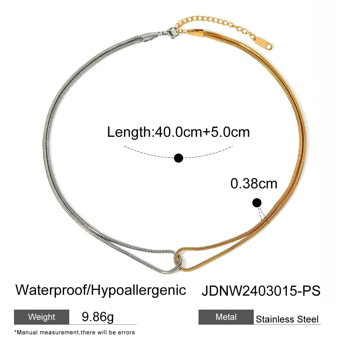 TRENDY / 40cm / N2145 N2145 18K Gold Plated Stainless Steel Gold and Silver Color Block Flat Snake Bone Chain Necklace, 40+5cm
