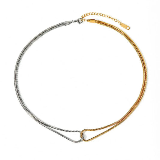 TRENDY / 40cm / N2145 N2145 18K Gold Plated Stainless Steel Gold and Silver Color Block Flat Snake Bone Chain Necklace, 40+5cm