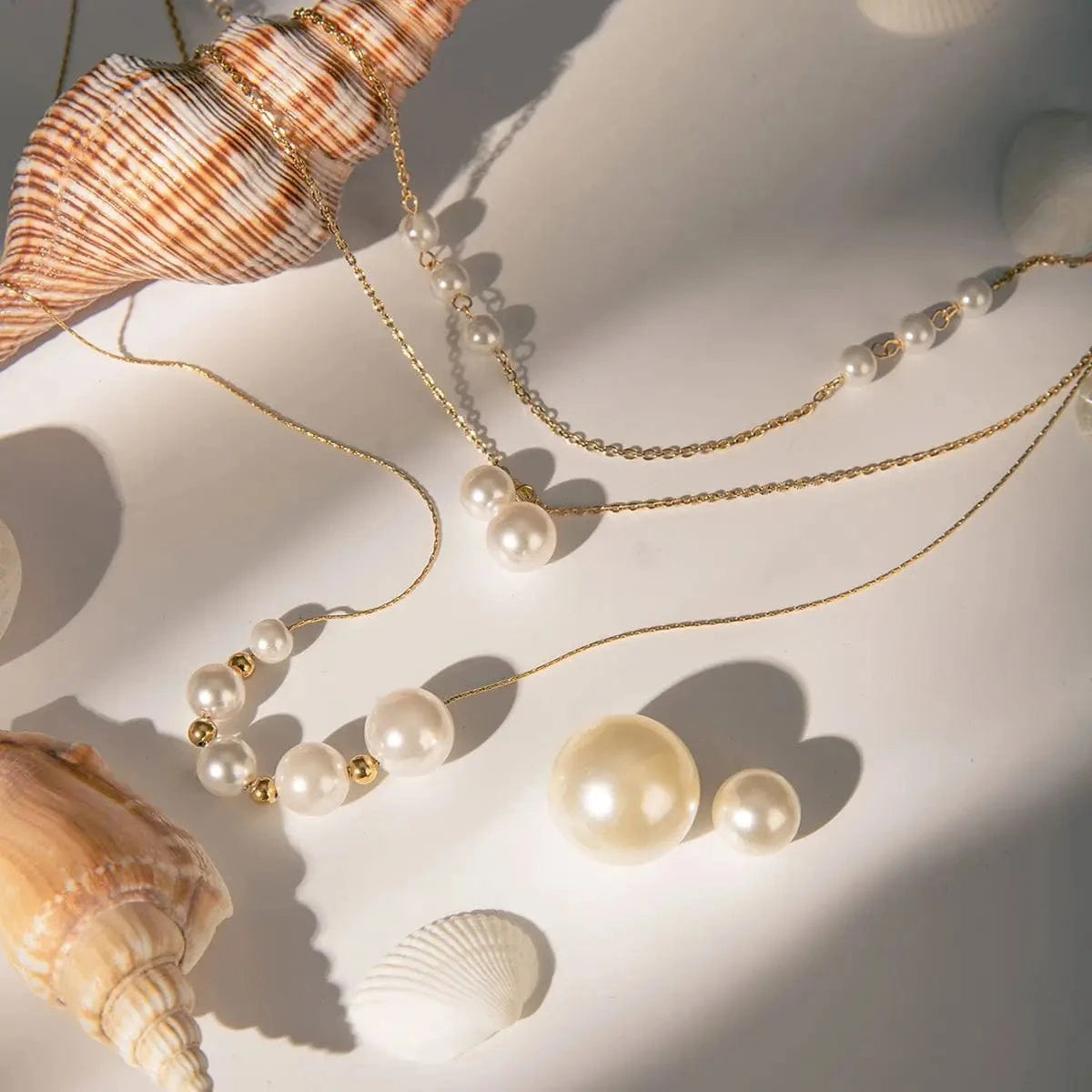 TRENDY / 41.5+5.5cm / N2147 N2147 18K Gold Plated Stainless Steel Three-layer Imitation Shijia Pearl Necklace, 35/40/50+5cm