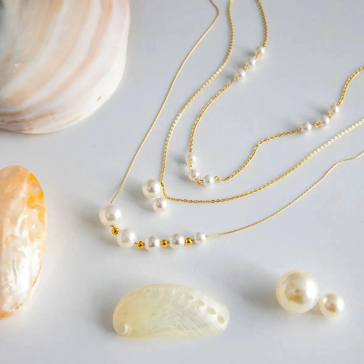 TRENDY / 41.5+5.5cm / N2147 N2147 18K Gold Plated Stainless Steel Three-layer Imitation Shijia Pearl Necklace, 35/40/50+5cm