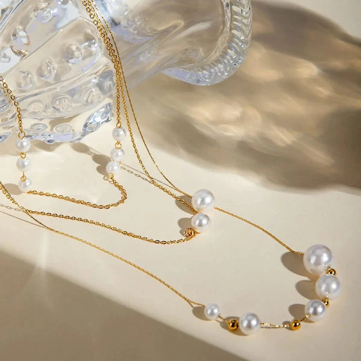 TRENDY / 41.5+5.5cm / N2147 N2147 18K Gold Plated Stainless Steel Three-layer Imitation Shijia Pearl Necklace, 35/40/50+5cm