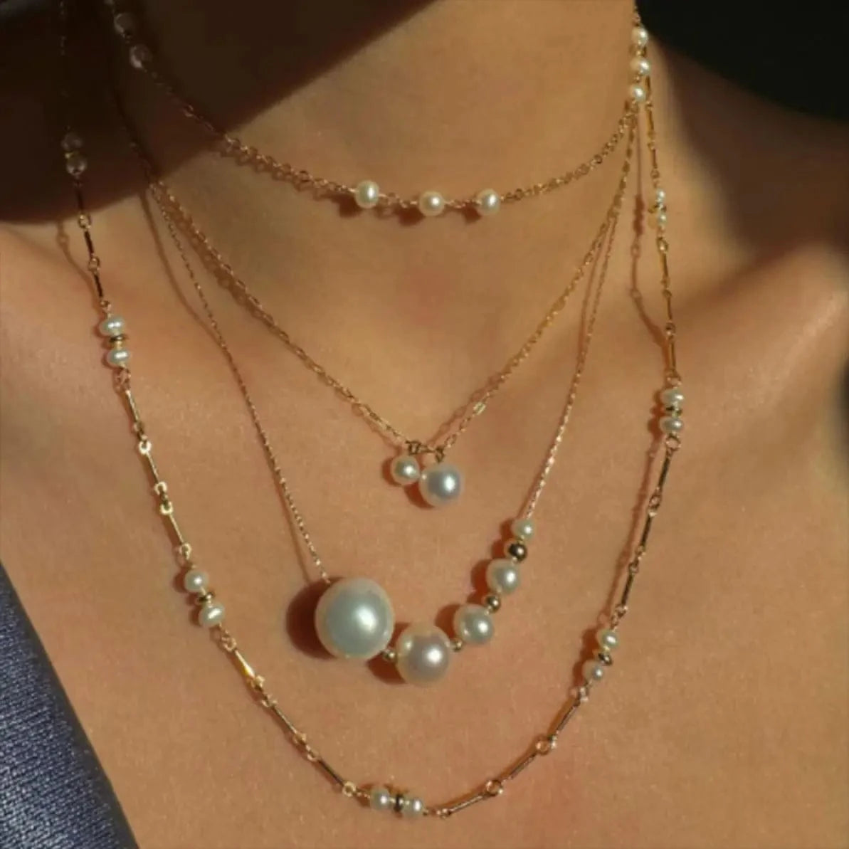 TRENDY / 41.5+5.5cm / N2147 N2147 18K Gold Plated Stainless Steel Three-layer Imitation Shijia Pearl Necklace, 35/40/50+5cm