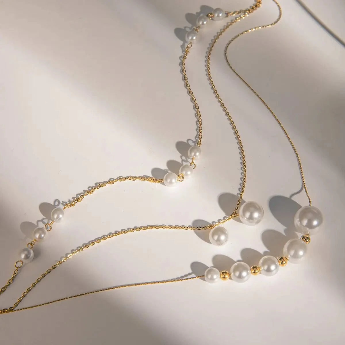 TRENDY / 41.5+5.5cm / N2147 N2147 18K Gold Plated Stainless Steel Three-layer Imitation Shijia Pearl Necklace, 35/40/50+5cm